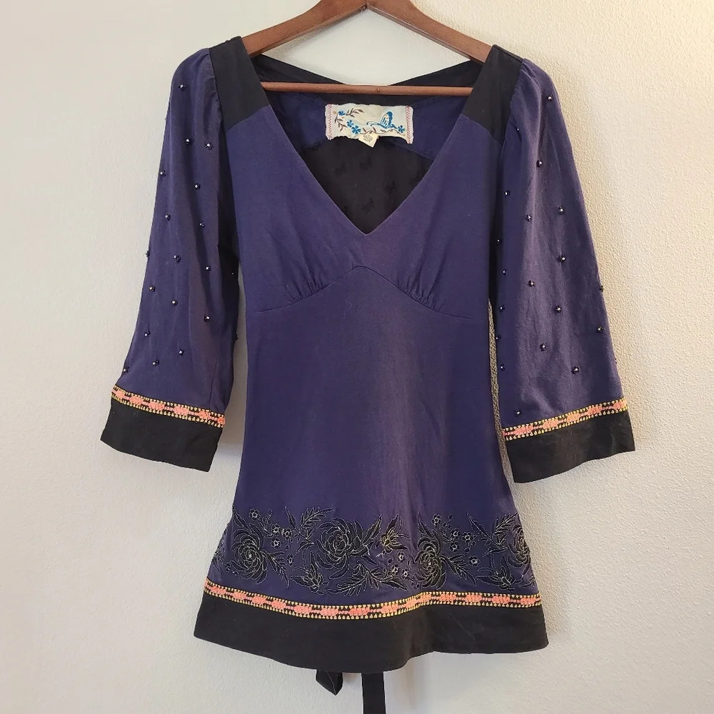 Anthro C Keer Navy Beaded Embroidered Tunic Top